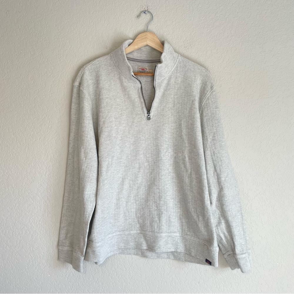 Faherty Sweater Mens XL Gray Mock Neck 100% Cotton Waffle Knit 1/4 Zip Pullover